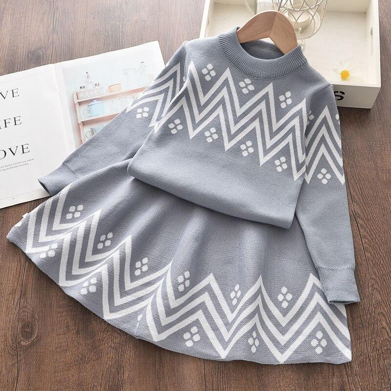 Winter Geometric Pattern Dress Long Sleeve Girls Clothes Set