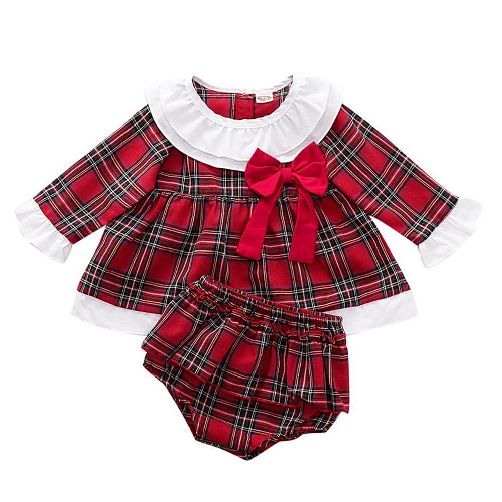 Ruffles long Sleeve red plaid Dress Tops +Shorts Bottoms Outfit Set