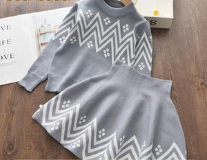 Winter Geometric Pattern Dress Long Sleeve Girls Clothes Set