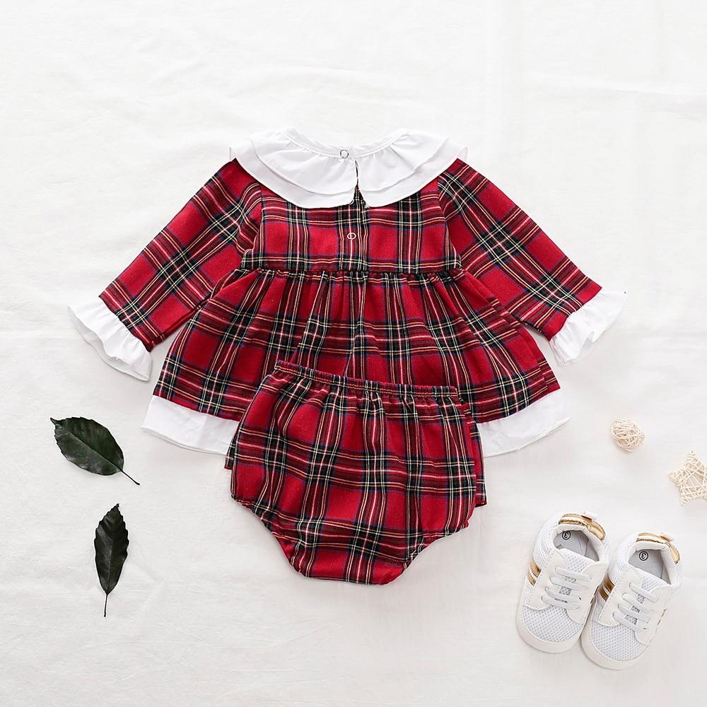 Ruffles long Sleeve red plaid Dress Tops +Shorts Bottoms Outfit Set