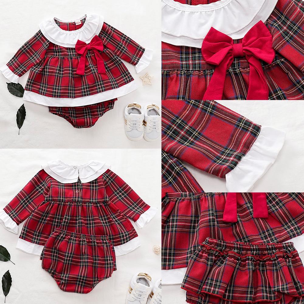 Ruffles long Sleeve red plaid Dress Tops +Shorts Bottoms Outfit Set